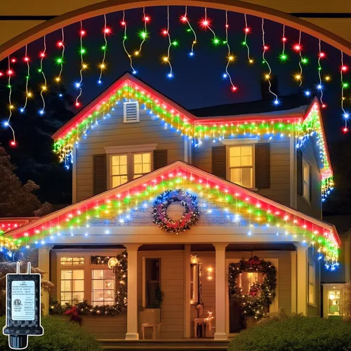 Miniatura 9 de Luces de carámbano de Navidad de 49 pies, 128 funciones, para exteriores, con 504 LED, 8 modos y temporizador, cortina de luces para exteriores