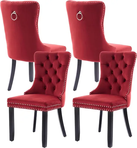 Miniatura 22 de Juego de 4 sillas de comedor de terciopelo, sillas de comedor tapizadas con ribete de cabeza de clavo, patas de madera, anillo de tracción, sillas