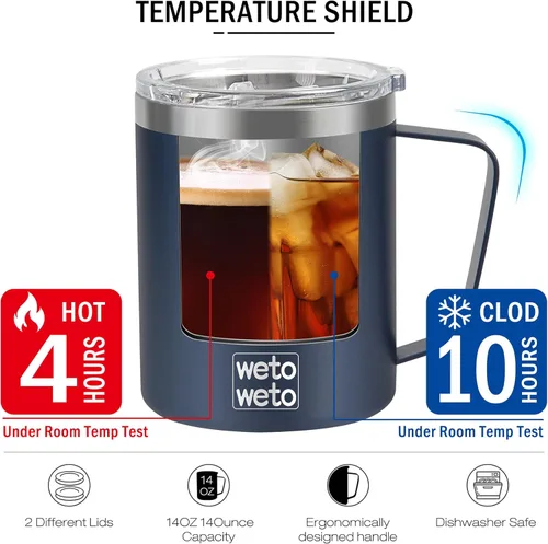 Miniatura 3 de WETOWETO Taza de café de 14 onzas, taza de campamento aislada al vacío con tapa, vaso de viaje de acero inoxidable de doble pared, taza de café