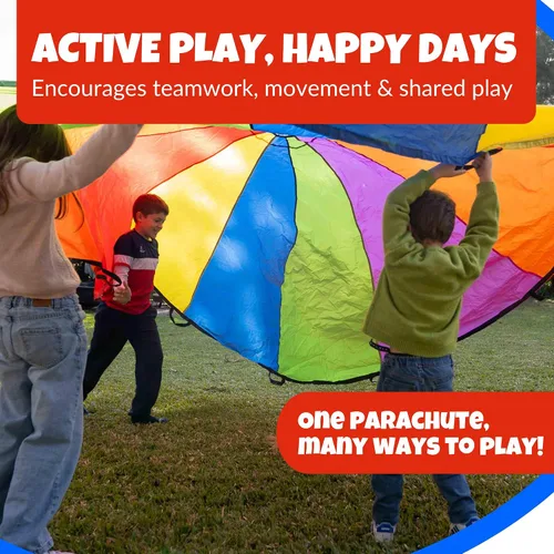 Miniatura 2 de Activejoy - Paracaídas para niños - 8 pies/12 pies/20 pies / 24 pies - Juguete de paracaídas arcoíris con asas - Ideal para clases de gimnasio, día