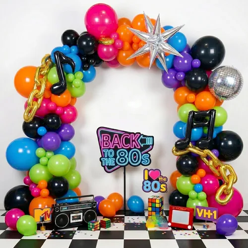 ECEAE Kit de guirnalda de arco de globos de los años 80 y 90, color brillante con cadena, globos de estrella de música disco para suministros de