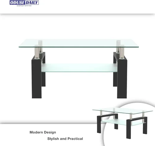 Miniatura 5 de ODUSE-DAILY Morden Design - Mesa auxiliar rectangular de cristal para sala de estar, con patas de metal negro, vidrio templado transparente