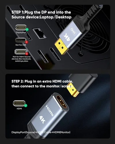 Miniatura 3 de Highwings Adaptador de DisplayPort 4K a HDMI, Unidireccional DP 1.2 de Computadora a Pantalla HDMI 2.0, Adaptador de DisplayPort a HDMI
