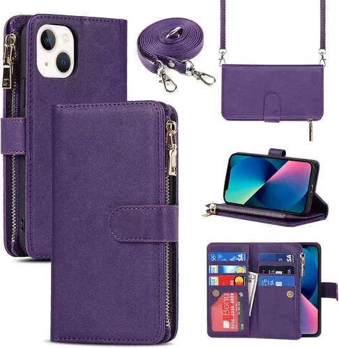Miniatura 10 de Funda Cartera para iPhone 13/14 con Tarjetero, Funda Cruzada con Correa para el Hombro, Bolsillo con Cremallera Cartera de Cuero PU para iPhone 13