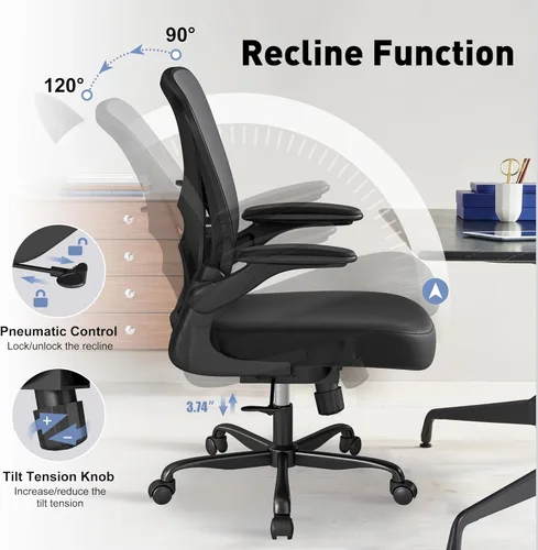 Miniatura 5 de Silla de oficina ergonómica, sillas de oficina en casa de tela de malla con soporte lumbar ajustable, giro de 360° y reposabrazos abatibles