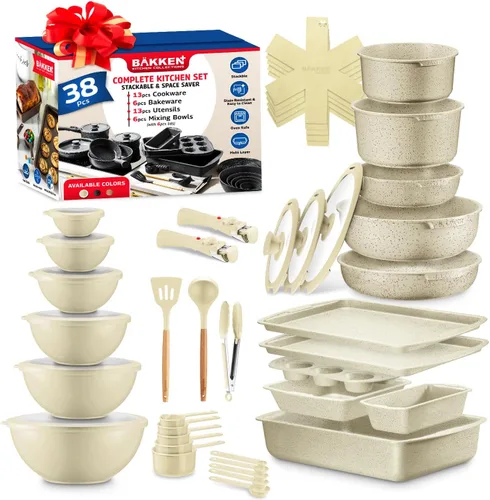 Miniatura 10 de Bakken Master - Juego de utensilios de cocina y utensilios para hornear de granito de 38 piezas, revestimiento de granito antiadherente, ollas