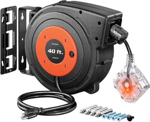 Miniatura 14 de DEWENWILS Carrete de cable de extensión retráctil, cable de alimentación resistente de 40 pies, 12 AWG/3 C SJTOW, 3 tomas de tierra iluminadas