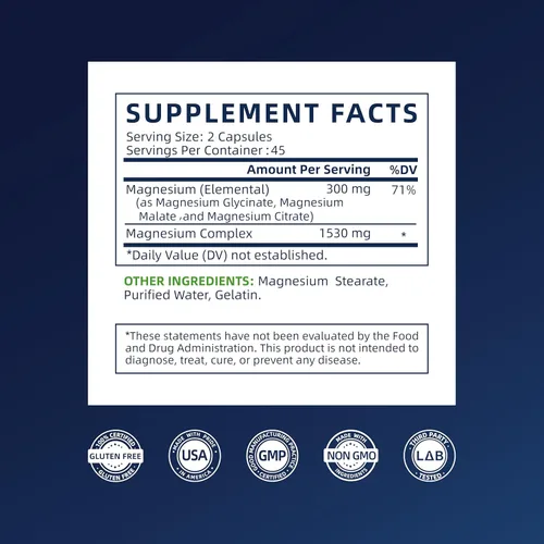 Miniatura 9 de Complejo triple de magnesio – 300 mg de magnesio de malato, glicinato y citrato – Apoya el alivio del estrés y el sueño, nervios y metabolismo