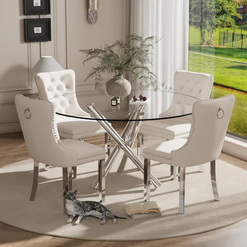 Miniatura 71 de Juego pequeño de mesa redonda con tapa de vidrio transparente para 2, 36'' Juego moderno de lujo para cenas circulares, 3 piezas Juego minimalista