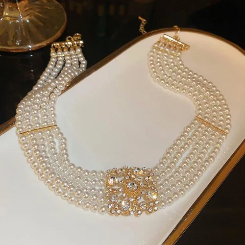 Miniatura 5 de Octwine Gargantilla corta con perlas de diamantes de imitación estilo bohemio de los años 20, Estrás Metal