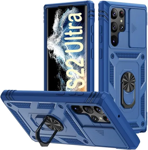 Miniatura 15 de PASNEW Funda para Samsung Galaxy S22 Ultra 5G, cubierta de cámara deslizante y soporte de dedo de metal giratorio de 360°, militar, resistente, a