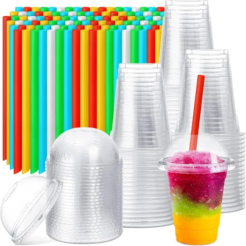 Lallisa 100 unidades de vasos de plástico transparente con tapas de cúpula y pajitas coloridas, vasos desechables para batidos y bebidas heladas PET