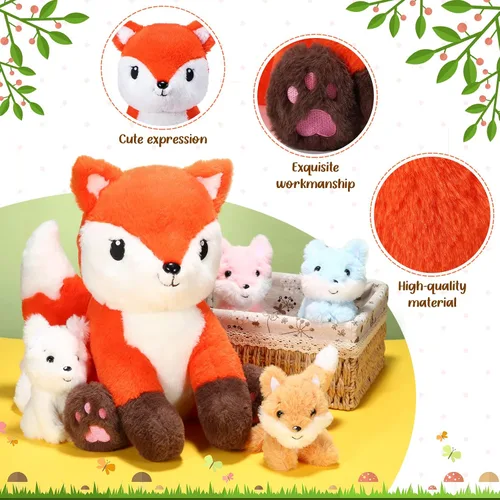 Miniatura 3 de HyDren Juego de 5 juguetes de peluche de zorro de 14 pulgadas con 4 lindos zorros de peluche en el abdomen, suaves peluches de zorro para baby