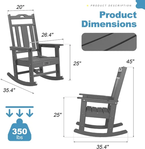 Miniatura 7 de nalone Juego de sillas mecedoras para exteriores de 2 piezas, silla mecedora resistente a todo clima de HDPE para porche, silla mecedora de patio