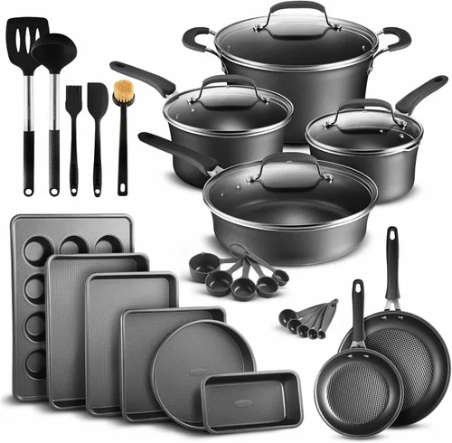 Juego de ollas y sartenes, 23 piezas de utensilios de cocina y repostería antiadherentes con patrón a cuadros, diseño apilable, apto para Negro