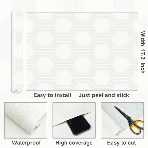 Miniatura 5 de Tomete Papel tapiz moderno para despegar y pegar, papel de pared geométrico bohemio, papel adhesivo gris claro y blanco para cajones de gabinetes