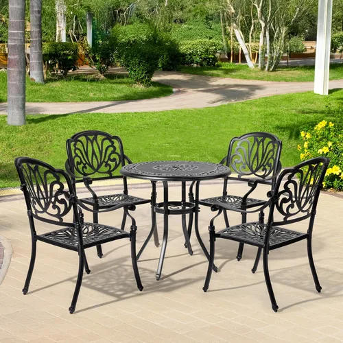 Miniatura 2 de VINGLI Juego de 2 sillas de patio apilables de aluminio fundido para exteriores con acabado negro vintage y patrón floral, sillones de metal