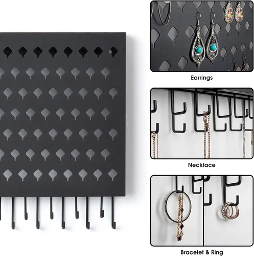 Miniatura 5 de JackCubeDesign MK329A - Organizador de joyas montado en la pared, collar y aretes, soporte para pulsera con 109 agujeros y 19 ganchos