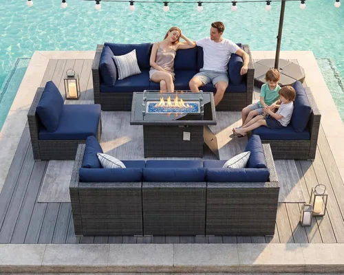 Miniatura 29 de BULEXYARD Juego de 7 piezas de sofá seccional para exteriores con respaldo alto, mesa para fogatas, juego de muebles de patio de mimbre resistente a