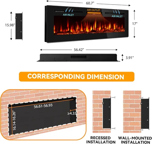 Miniatura 6 de Chimenea eléctrica de 60 pulgadas empotrada en la pared y montada en la pared, calentador lineal ultrafino de 750/1500 W con llama realista