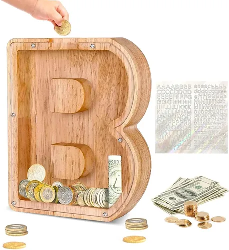 Miniatura 28 de Alcancía de Madera Personalizada con Letras del Alfabeto, Banco de Monedas con Letras del Alfabeto para Niños, Niñas y Bebés, Tamaño Grande, 26