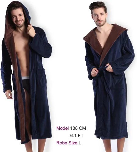 Miniatura 2 de Bata de baño con capucha para hombre, suave y de longitud completa, cómodo camisón cálido de longitud completa