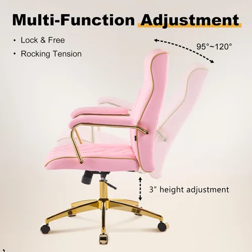 Miniatura 4 de Furniliving Silla de oficina rosa y dorada, sillas de oficina de cuero, silla de tocador ajustable con patas doradas y reposabrazos acolchado