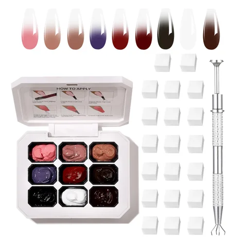 Miniatura 21 de Finger Secret - Juego de 9 colores de esmalte de uñas de gel Ombre Pat, paleta de esmaltes de gel con 20 esponjas de uñas para arte de uñas de gel