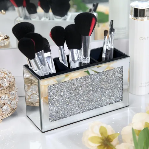 Miniatura 12 de SHYFOY Organizador Portacepillos de Maquillaje Negro, Organizador de Almacenamiento de Cepillos de Cosméticos de 3 Ranuras de Vidrio con Diamante