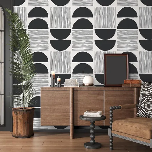 Miniatura 3 de VEELIKE Papel tapiz moderno de mediados de siglo en blanco y negro, papel tapiz geométrico abstracto para dormitorio, baño, 17.7 x 118 pulgadas