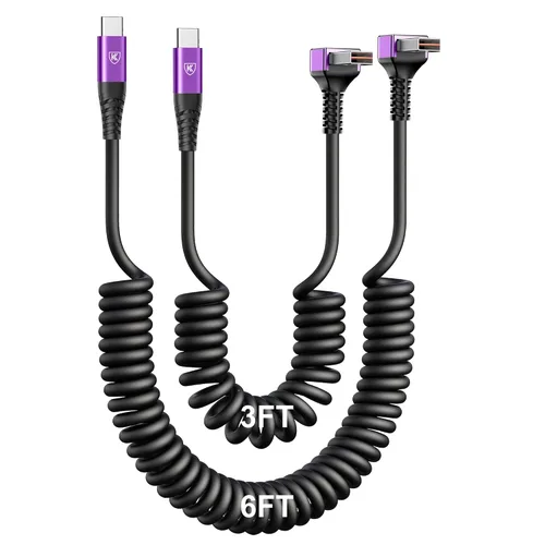 Miniatura 11 de Cable USB A a USB C de 90 grados, paquete de 2 cables USB tipo C en espiral de 3 pies para automóvil, cable de carga rápida USB-C compatible