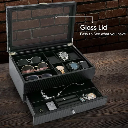 Miniatura 3 de HAUTEROW Caja organizadora de relojes para hombres, caja de joyería, estuche de reloj, organizador de gafas de sol, bandeja de valet, organizador