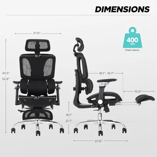 Miniatura 3 de Silla de oficina ergonómica con soporte lumbar dinámico de 3 zonas, silla de oficina de malla grande y alta con reposapiés, profundidad de asiento