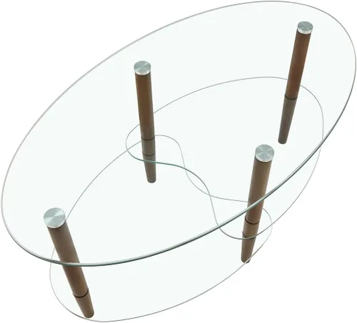Miniatura 5 de Mesa de centro ovalada con almacenamiento, moderna mesa de vidrio de 3 capas para sala de estar (marrón)