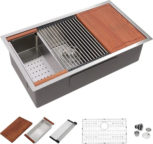 Dcolora Fregadero de cocina bajo montaje para estación de trabajo de 30 pulgadas, calibre 16, acero inoxidable 304, cuenco grande de un solo tazón,