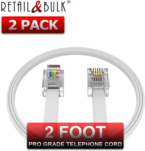 Miniatura 2 de Paquete de 2 cables telefónicos de 2 pies, grado profesional, fabricado en Estados Unidos, enchufes RJ11 macho 6P4C con contactos dorados de 50