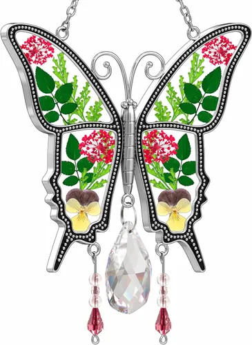 Miniatura 9 de KY&BOSAM Atrapasoles de cristal con diseño de mariposa para colgar ventanas, chaim de viento con flor preservada y dije de corazón de metal, regalo