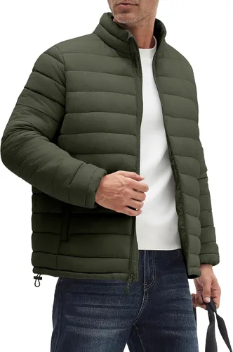 Miniatura 2 de WHN Chaqueta acolchada para hombre, ligera, impermeable, resistente al viento, cuello alto, con cremallera completa, con 3 bolsillos