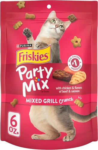 Purina Friskies Made in USA Facilities - Golosinas para gatos, mezcla de fiesta mixta para parrilla, (6) bolsas de 6 onzas