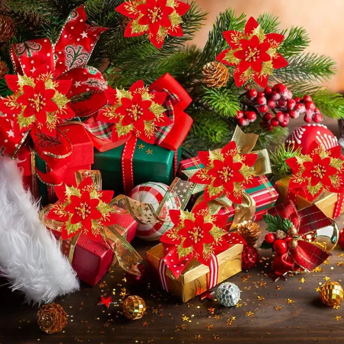 Miniatura 7 de 16 decoraciones artificiales de flor de pascua con purpurina de oro rojo – adornos de Navidad de flor de pascua roja y decoración de árbol