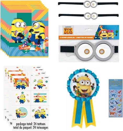 Unique El paquete de suministros para fiesta de cumpleaños de Despicable Me incluye 8 bolsas de botín, 8 gafas de papel de fiesta, 24 tatuajes, 1
