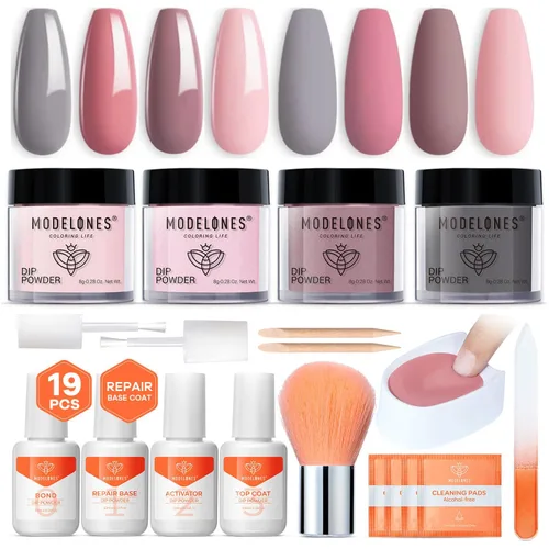 Miniatura 19 de Modelones - Kit de polvo de inmersión para uñas, 4 colores, nude, rosado, con purpurina, set de iniciación con líquido y accesorios completos