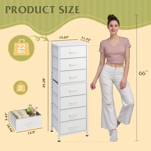 Miniatura 3 de WLIVE - Cómoda alta blanca para dormitorio, 7 cajones y cómodas, cómoda de tela para armario, sala de estar, mesita de noche con marco de metal