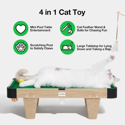 Miniatura 3 de VETRESKA Mesa de billar mini 4 en 1 para juguetes de gatos, regalo para gatos, juguete de varita con plumas, juguete de rompecabezas de bola