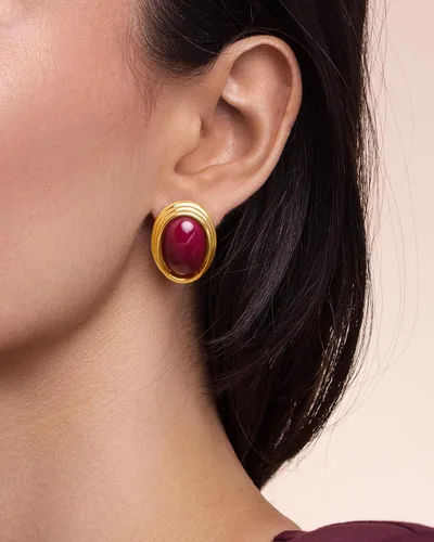 Miniatura 4 de Aretes gruesos chapados en oro de 18 quilates, con diseño ovalado, ovalado, con forma de cúpula exagerada y redondeada, hechos a mano, con botón