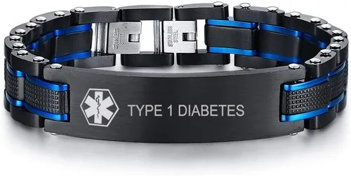 MEALGUET Pulsera de identificación de alerta médica de acero inoxidable masculino de 2 tonos para hombre, grabado gratuito, negro, azul, para hombre