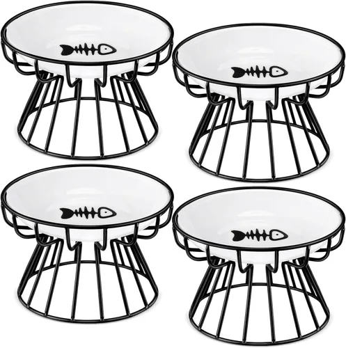 Roshtia 4 juegos de cuencos elevados de cerámica para gatos con soporte de metal, platos aptos para lavavajillas, platos elevados antideslizantes