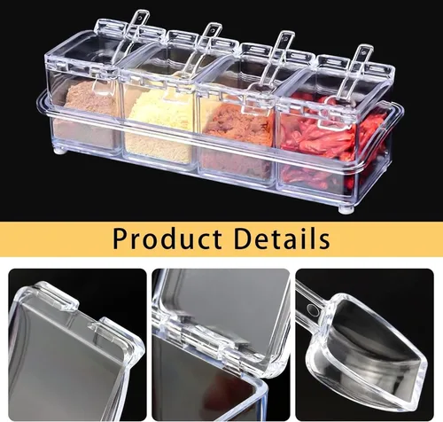 Miniatura 3 de Caja de condimentos transparente, 4 piezas de recipientes para especias con tapa y cuchara, recipientes de acrílico para condimentos con tapa