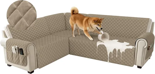 Miniatura 36 de Fundas impermeables para sofá seccional de esquina en forma de L, de terciopelo, juego de 6 piezas, funda en forma de U para sofá, para perros