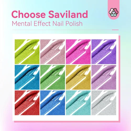 Miniatura 3 de SAVILAND Esmalte de uñas metálico con base y capa superior: Juego de esmalte de uñas cromado de 12+2 colores, con brillo espejo, holográfico, Cromo